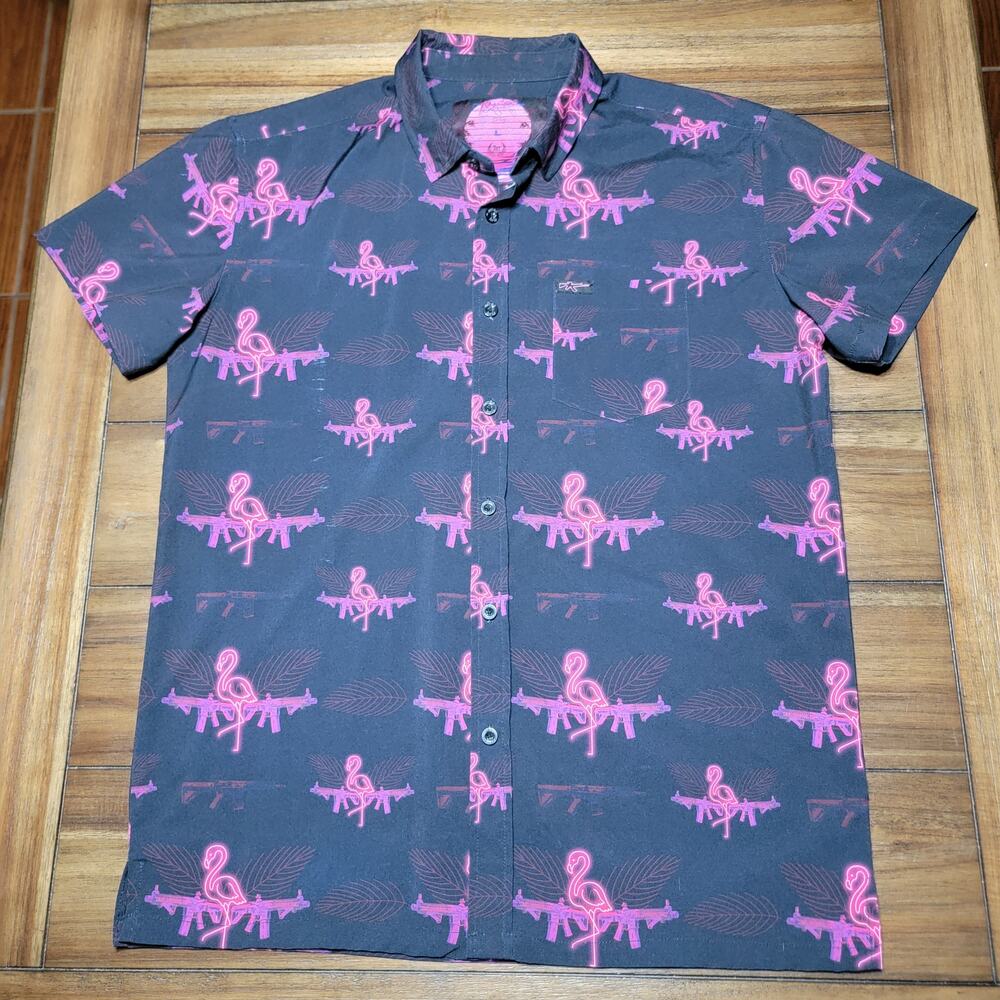 Retro Rifle Da Flamingo Men's Full Button Shirt G*ns and Flamingos - Size Large